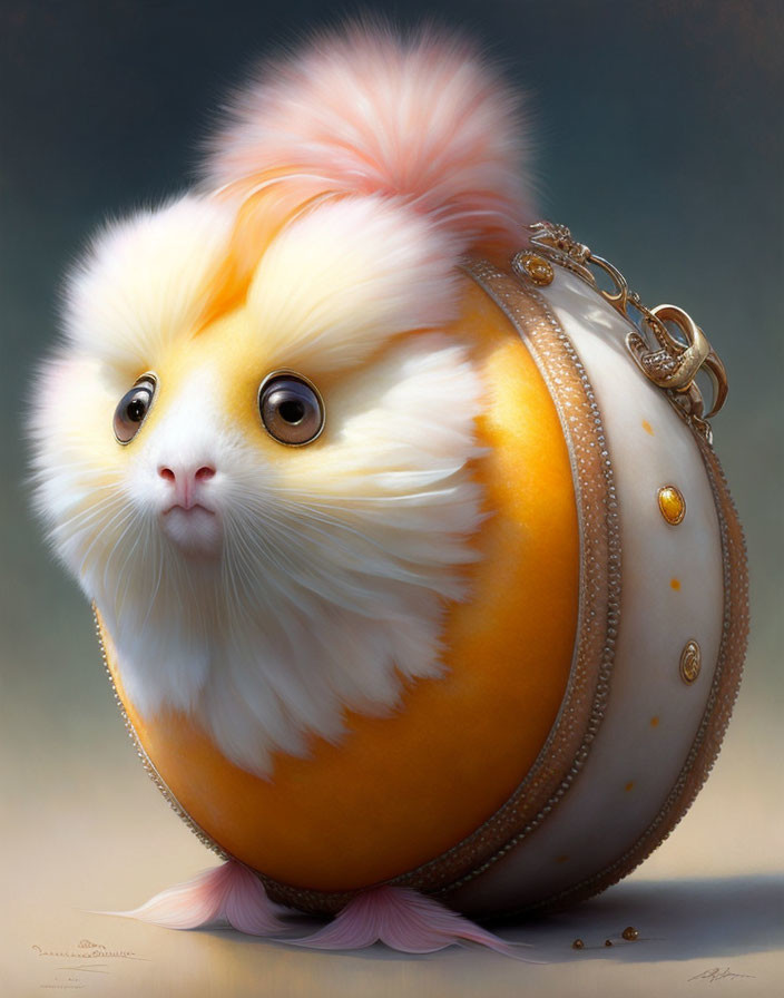 Fluffy hamster-like creature with orange purse body and pink feet