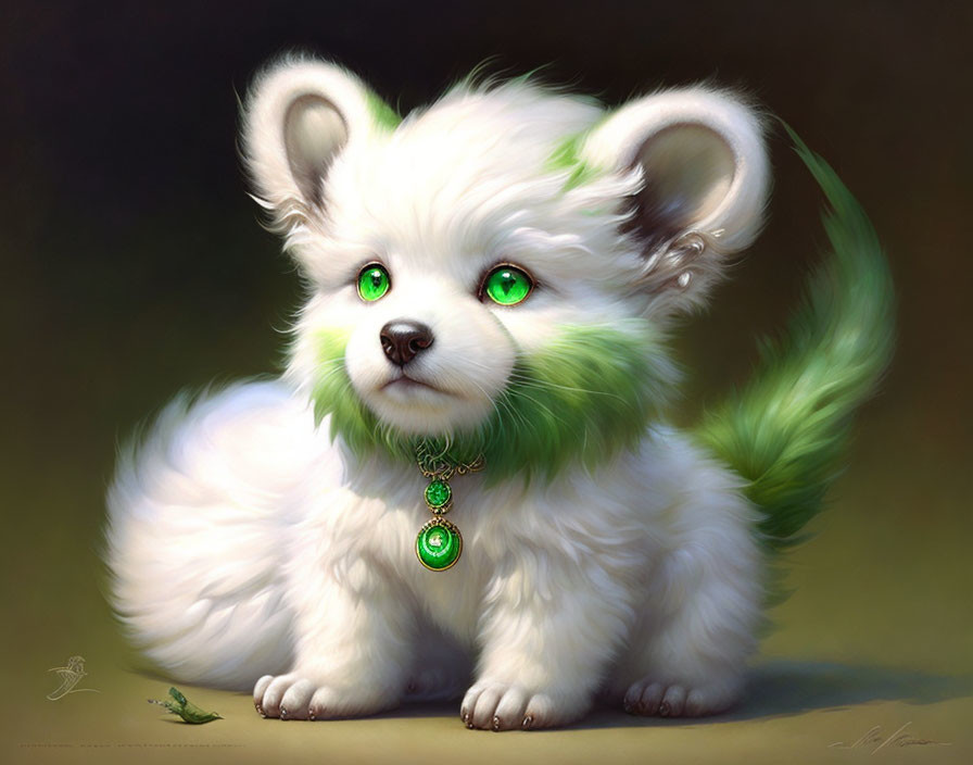 Fluffy white fantasy creature with green eyes, ears, and tail beside a tiny frog