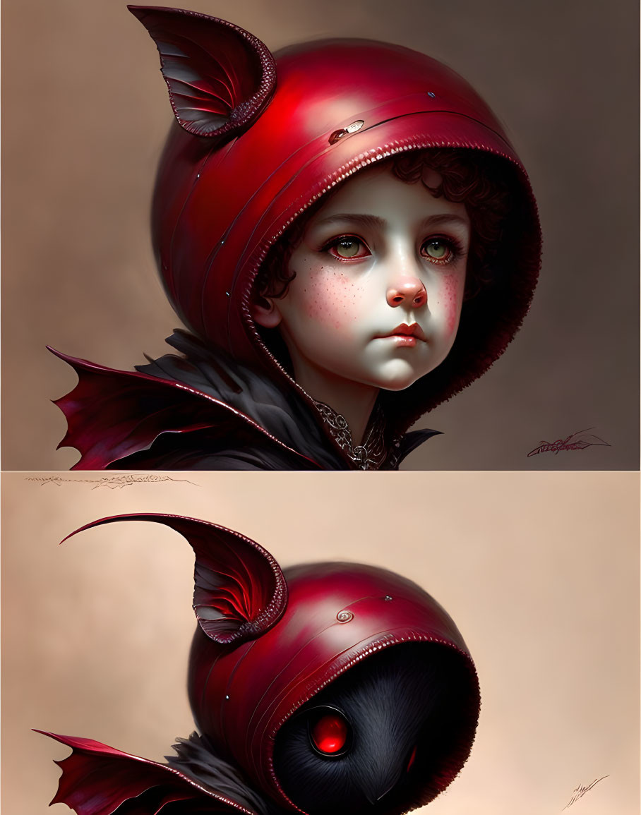 Digital artwork: Child in red knight helmet above stylized glowing creature in helmet