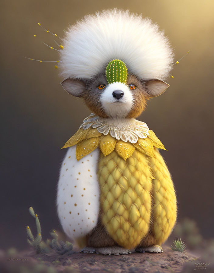 Anthropomorphic creature with cactus head and corn cob body