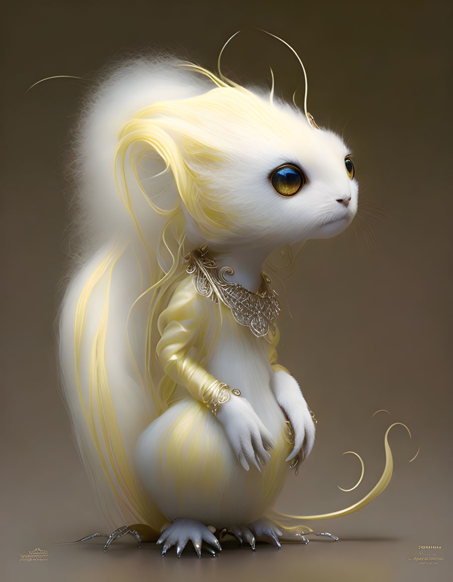 White anthropomorphic creature with blue eyes and blond hair in golden jewelry on neutral background