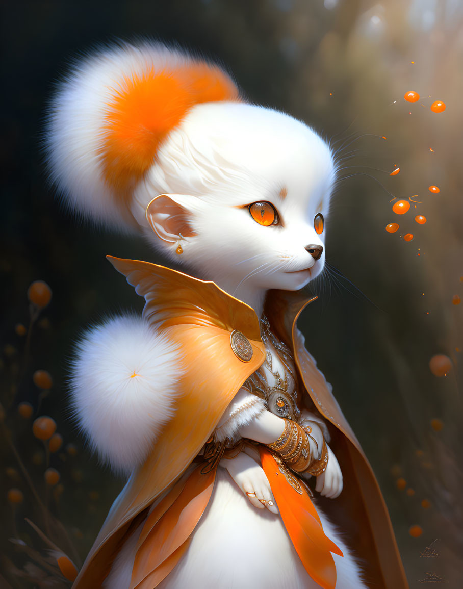 Anthropomorphic White and Orange Fox with Jewelry and Cloak Among Golden Orbs