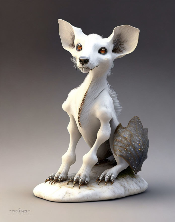 Fantasy creature with large ears, white fur, golden eyes, and fin-like tail sitting on a