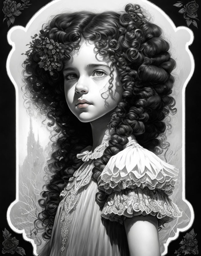 Monochrome portrait of young girl with curly hair and flowers, vintage attire, floral motif, and castle