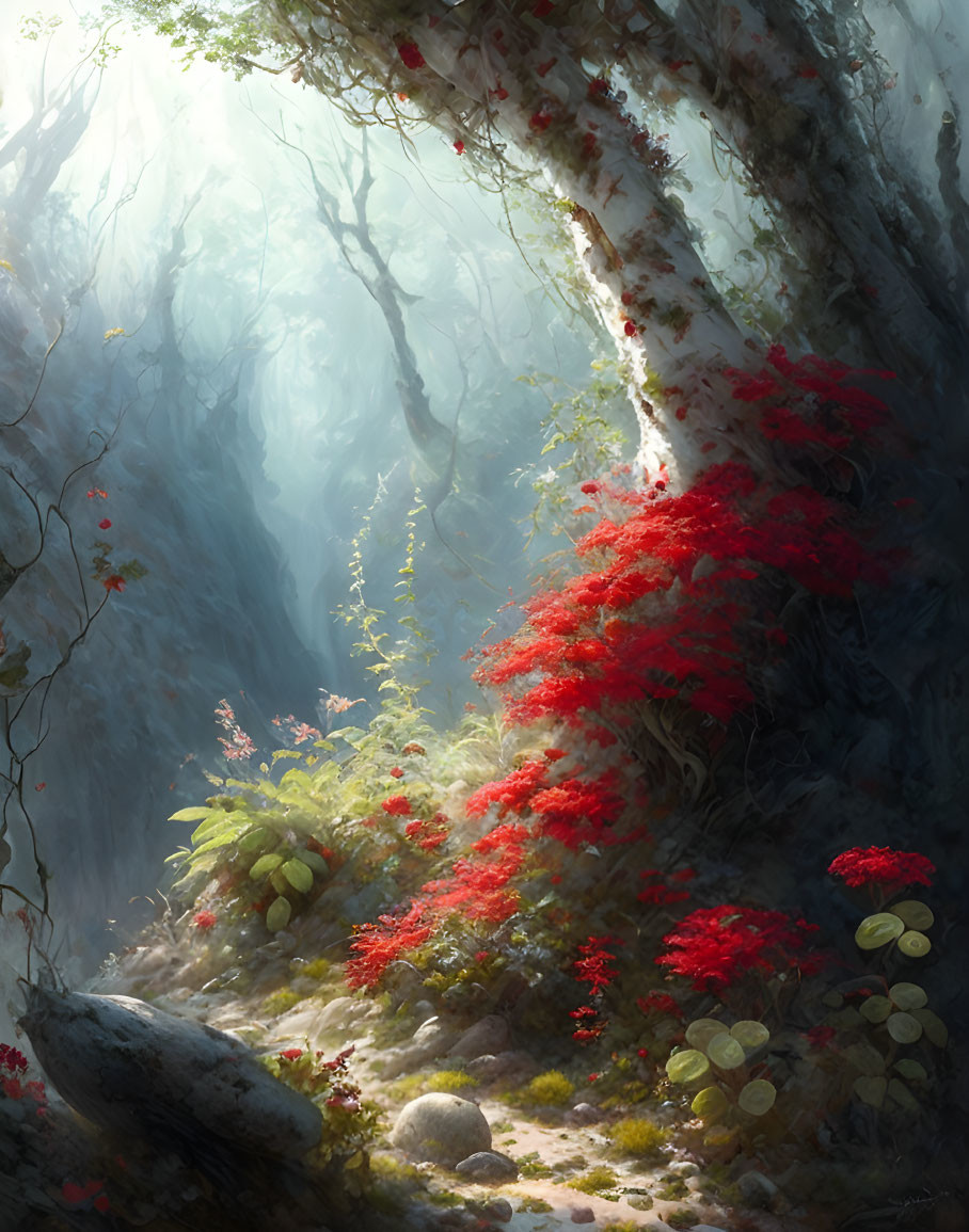 Mystical forest with vibrant red foliage and lush undergrowth