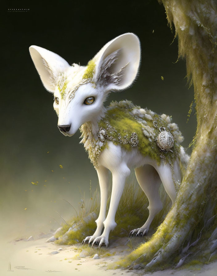 White mystical creature with oversized ears and yellow eyes in forest setting