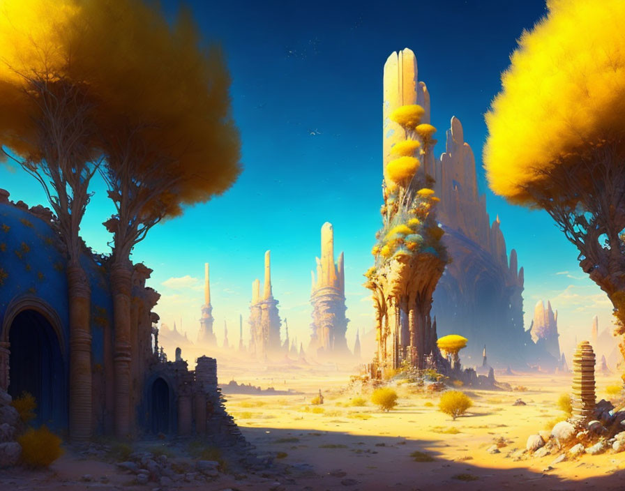 Fantastical desert landscape with towering spires and ancient ruins under clear blue sky