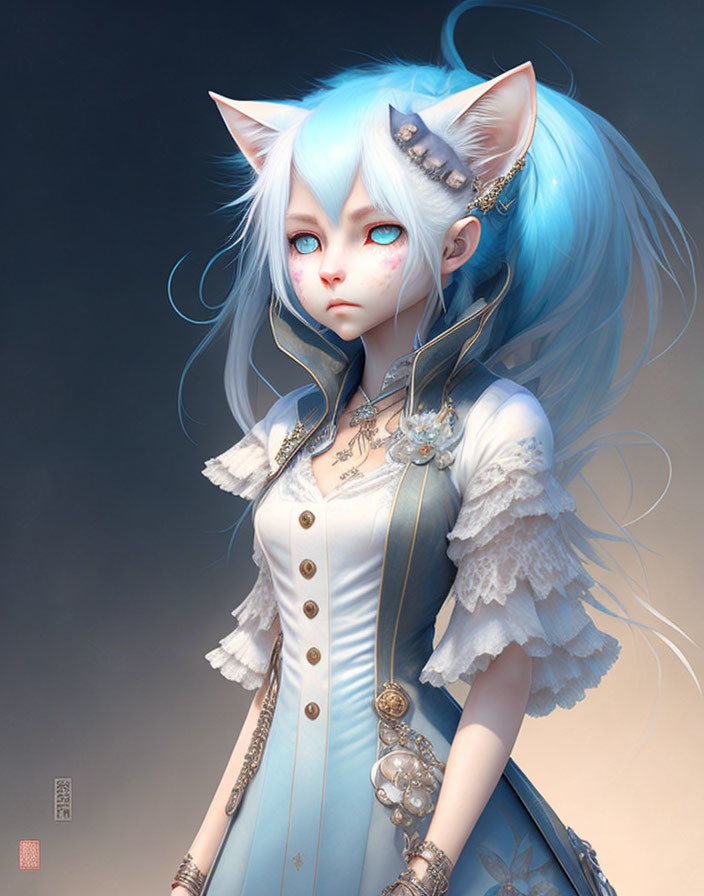 Digital artwork featuring female character with cat ears, blue hair, red eyes, Victorian-style outfit.