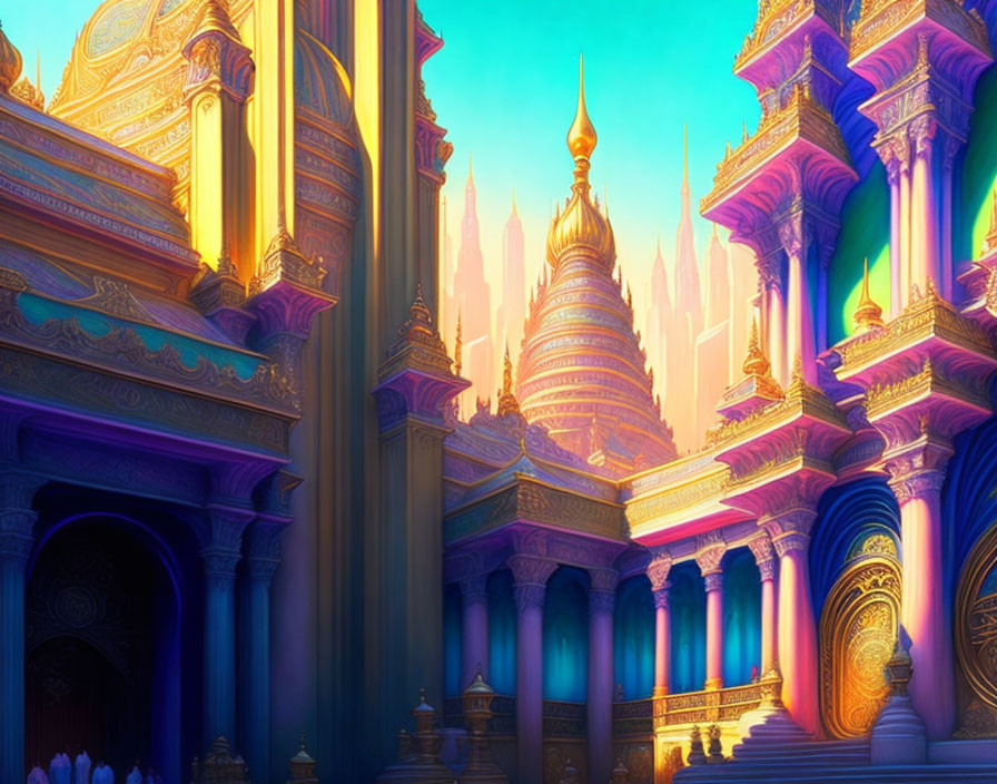 Fantastical palace digital artwork with golden and purple architecture