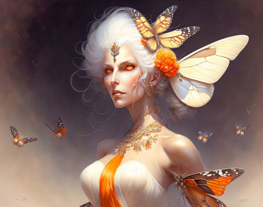 Fantasy illustration of woman with white hair and butterflies in warm tones