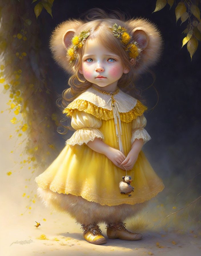 Young girl with bear-like ears in yellow dress holding miniature bear