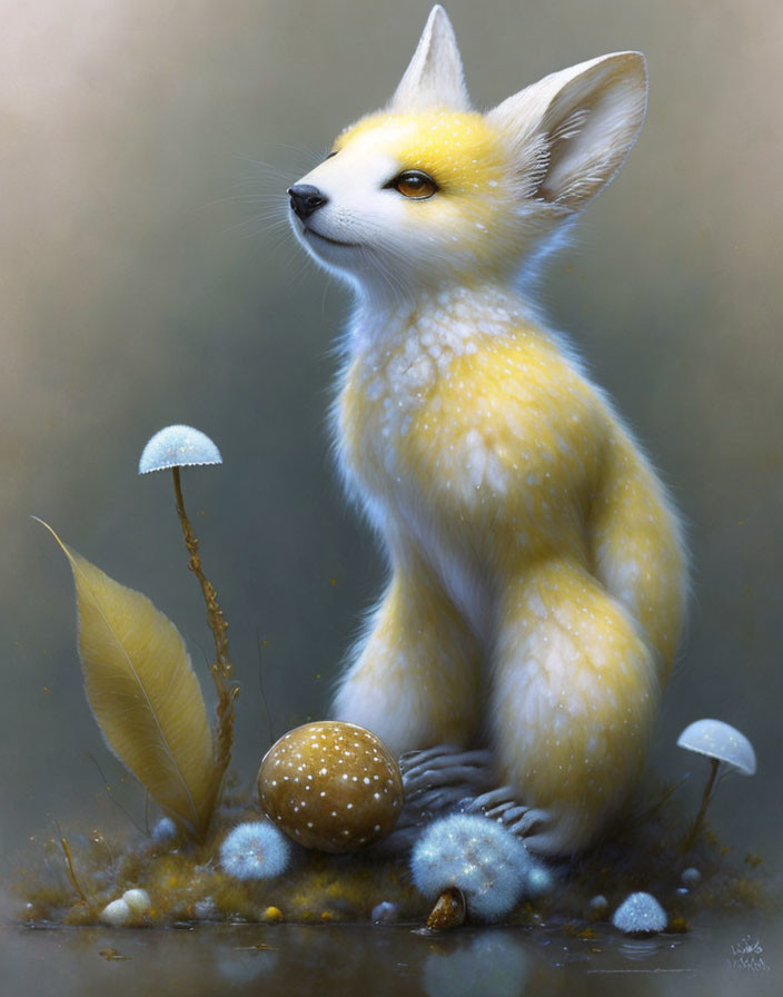 Yellow Fantasy Fox Surrounded by Mushrooms and Leaves