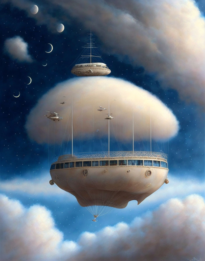 Fantastical airship floating among starry sky and moons