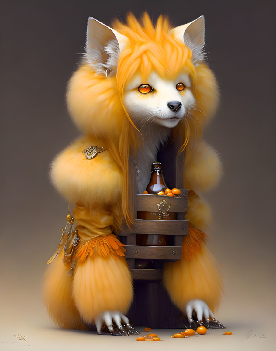 Fluffy fox with orange fur, harness, bottles, and berries.