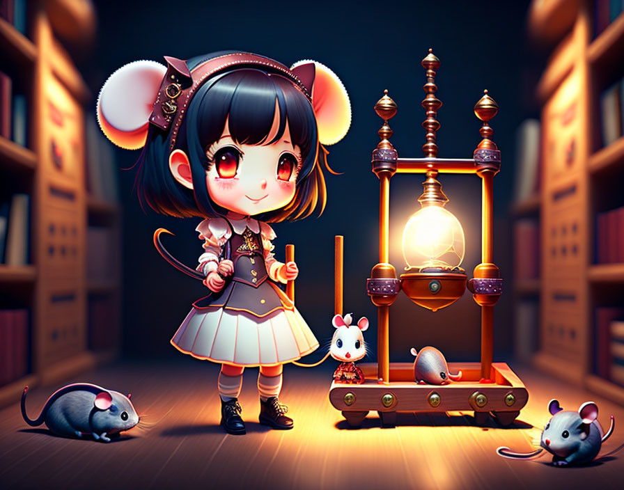 Animated girl with mouse ears and magical apparatus in cozy library with cute mice