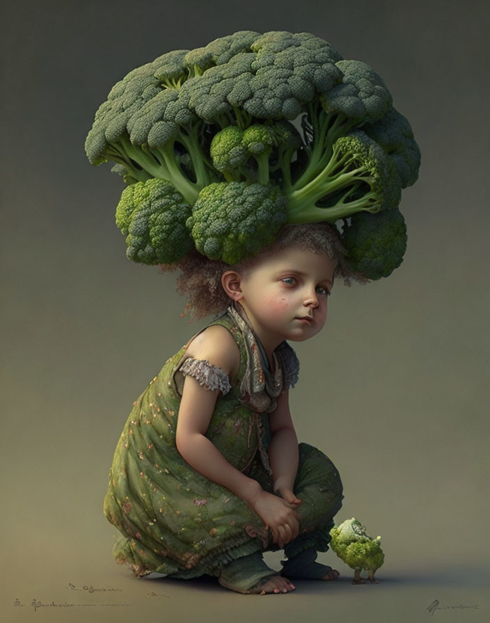 Child with broccoli hair in green dress crouching with broccoli