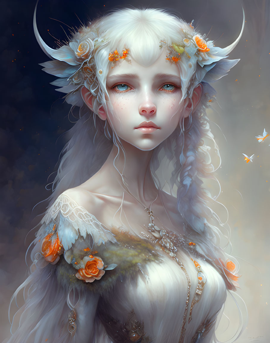 Ethereal fantasy figure with pale skin, blue eyes, white hair, orange blossoms, small