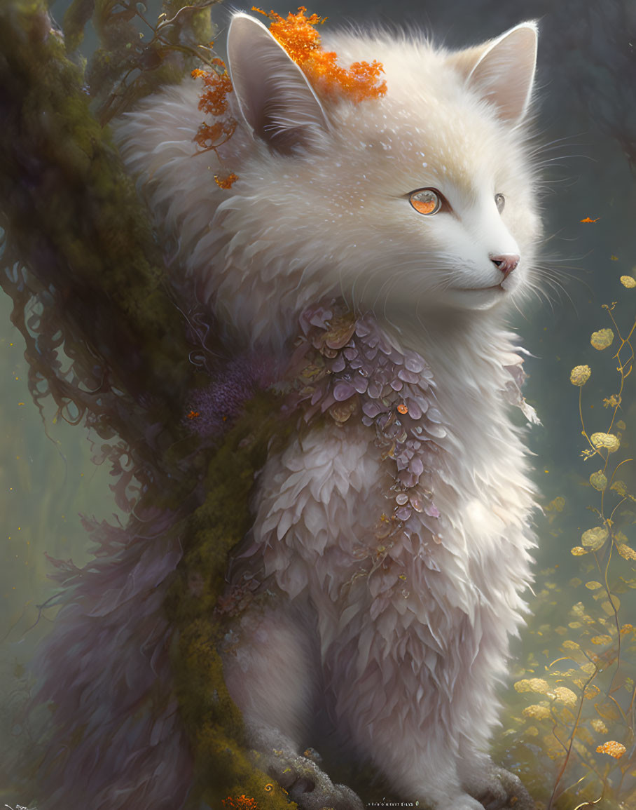 White Fantasy Cat with Orange Eyes in Tree with Golden Light