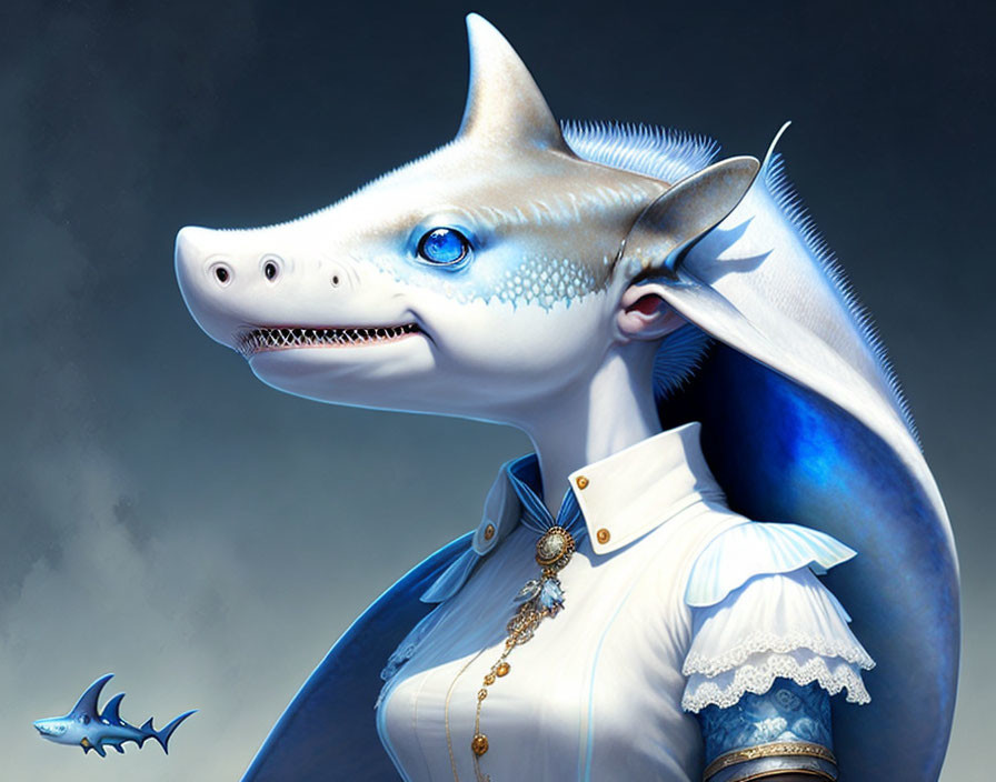 Stylized hammerhead shark in Victorian-inspired attire