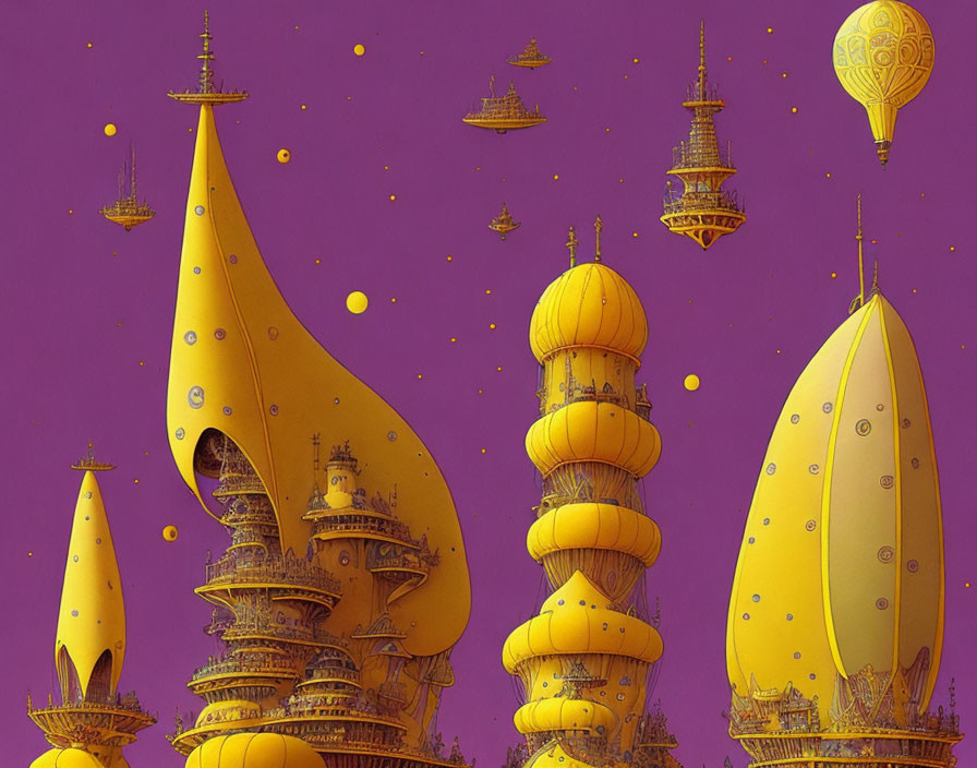 Golden floating towers and intricate structures under a purple sky with floating vehicles.