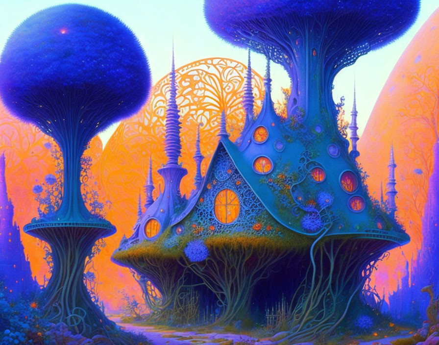 Fantasy landscape with towering mushroom structures against orange and purple sky