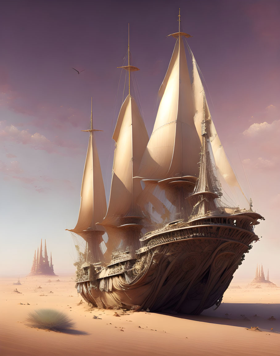 Deserted ship with billowing sails on vast desert landscape