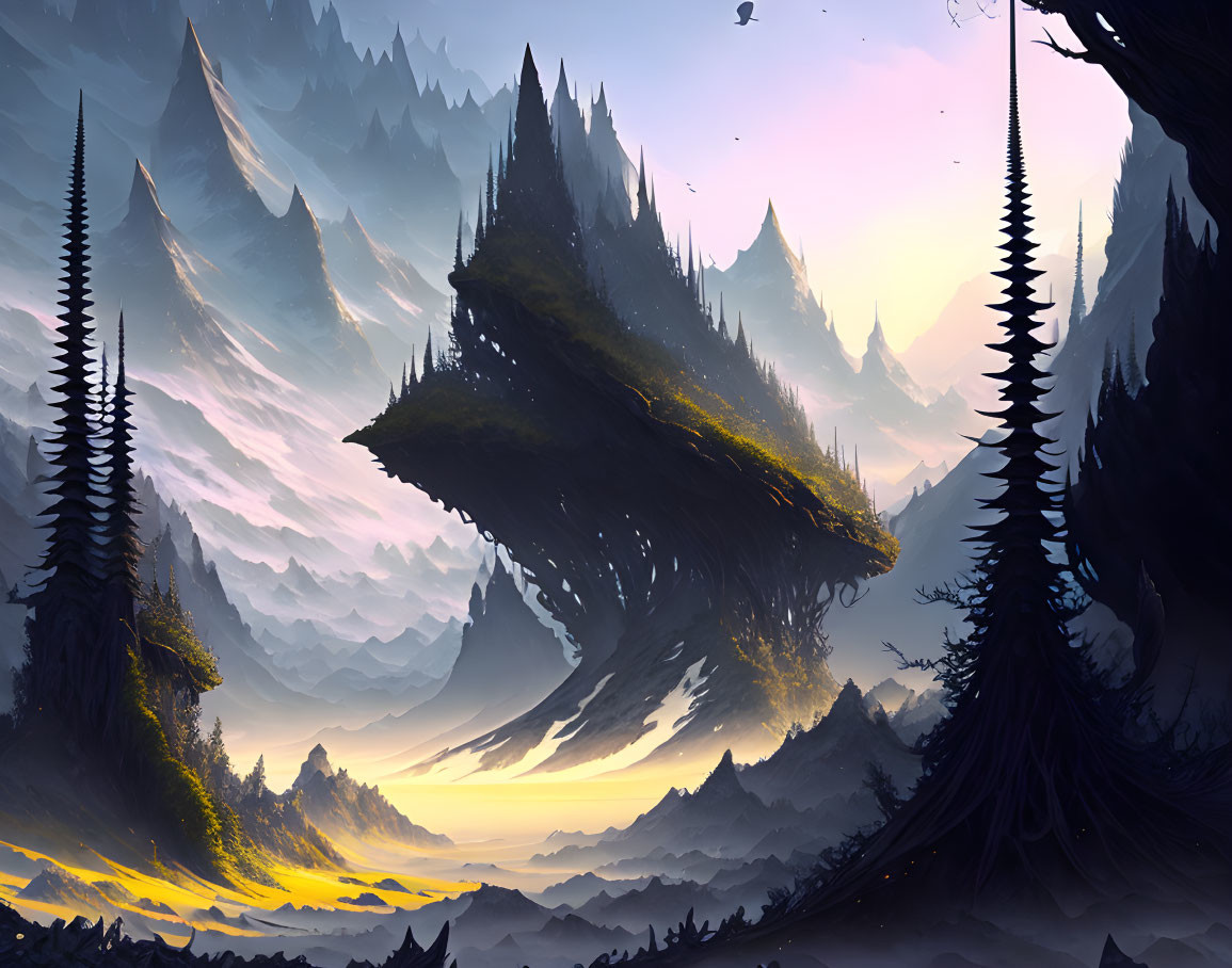 Fantastical landscape with towering mountains and floating islands at sunset