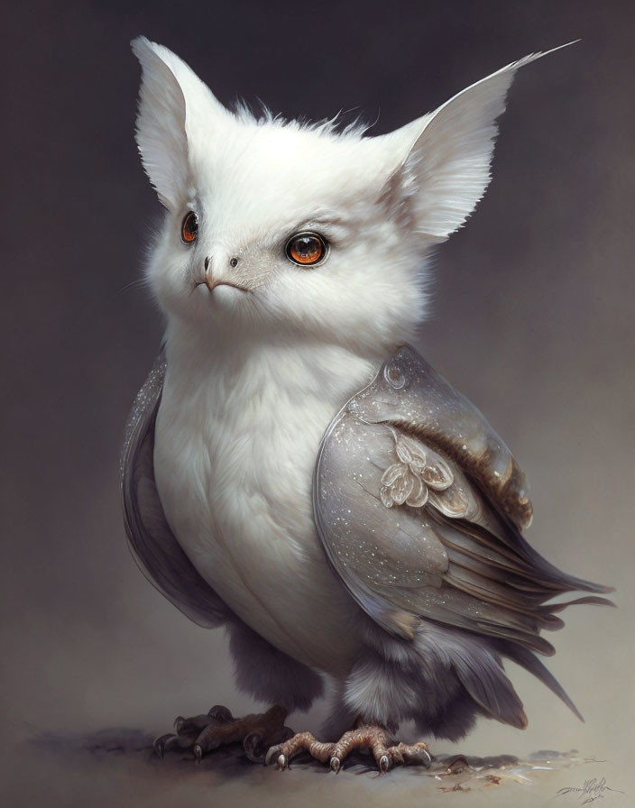 Fantastical creature: Owl body, white cat head, orange eyes