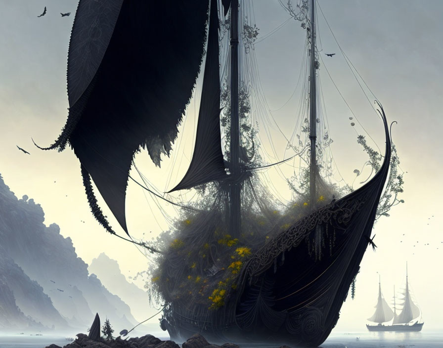 Detailed fantasy artwork: Ornate ship above misty coastline