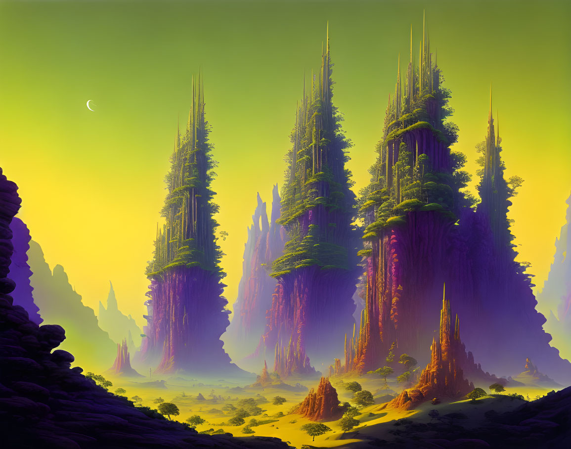 Surreal landscape: towering purple spires, green terrain, twilight sky.