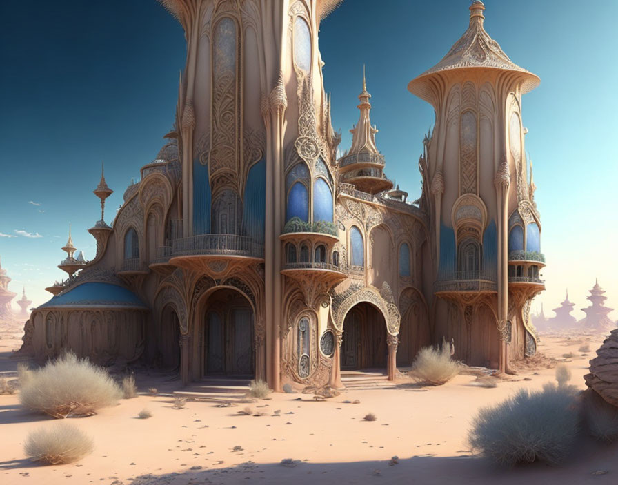 Ornate fantasy desert palace under clear blue sky