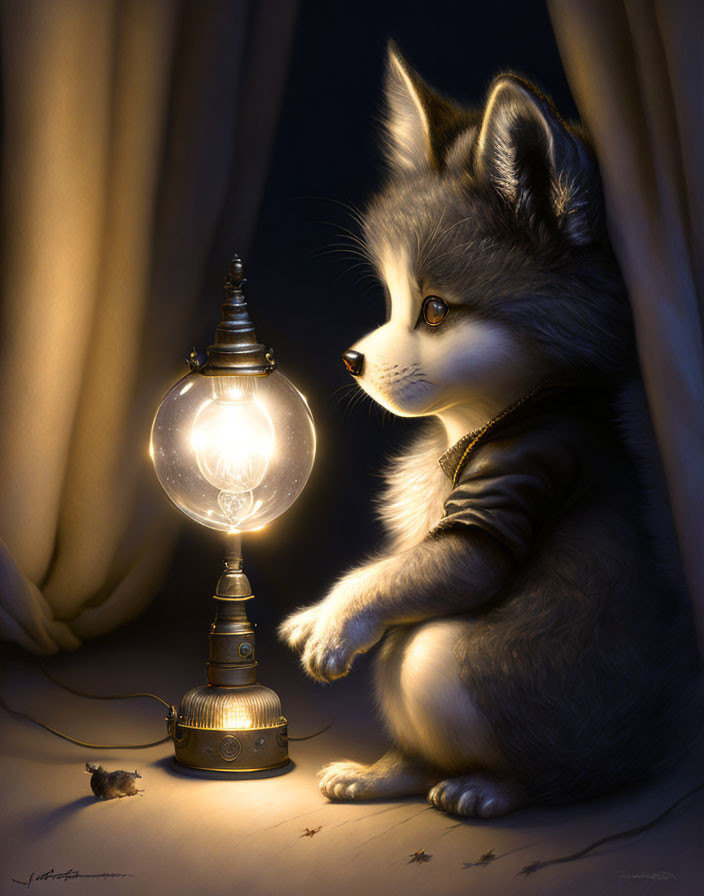 Fluffy husky puppy and tiny mouse by glowing light bulb in cozy setting