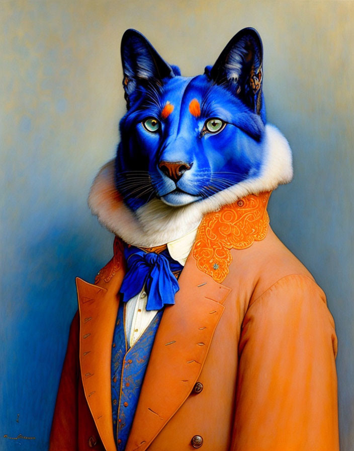 Blue anthropomorphic cat in orange coat and blue vest on blue background