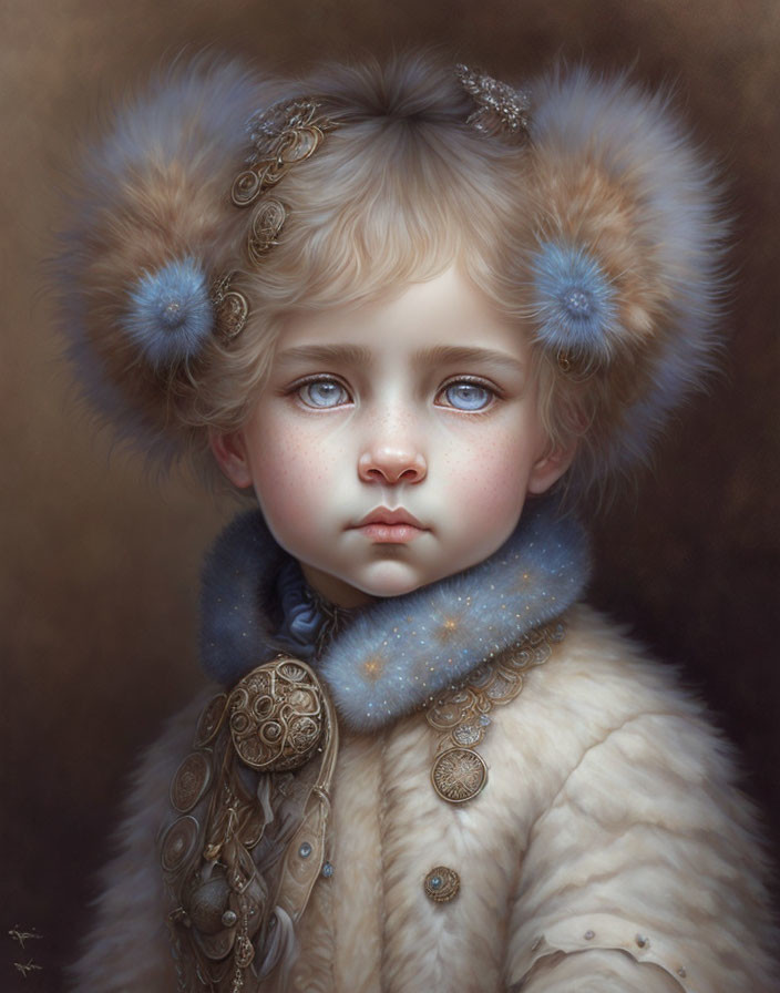 Child portrait with big blue eyes in furry outfit with cosmic accessories