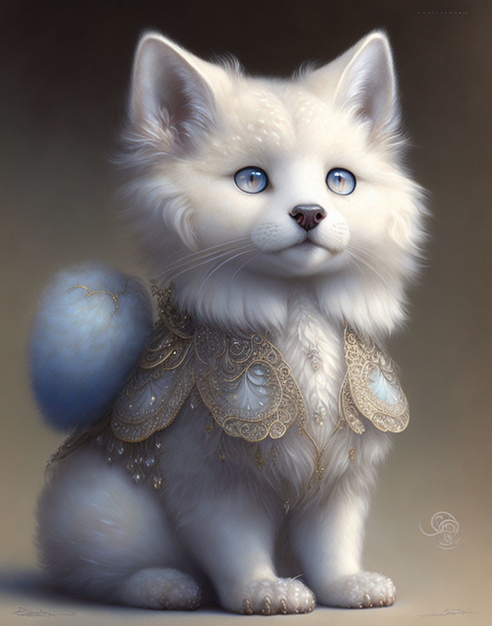 Fluffy White Cat with Blue Eyes and Golden Adornments