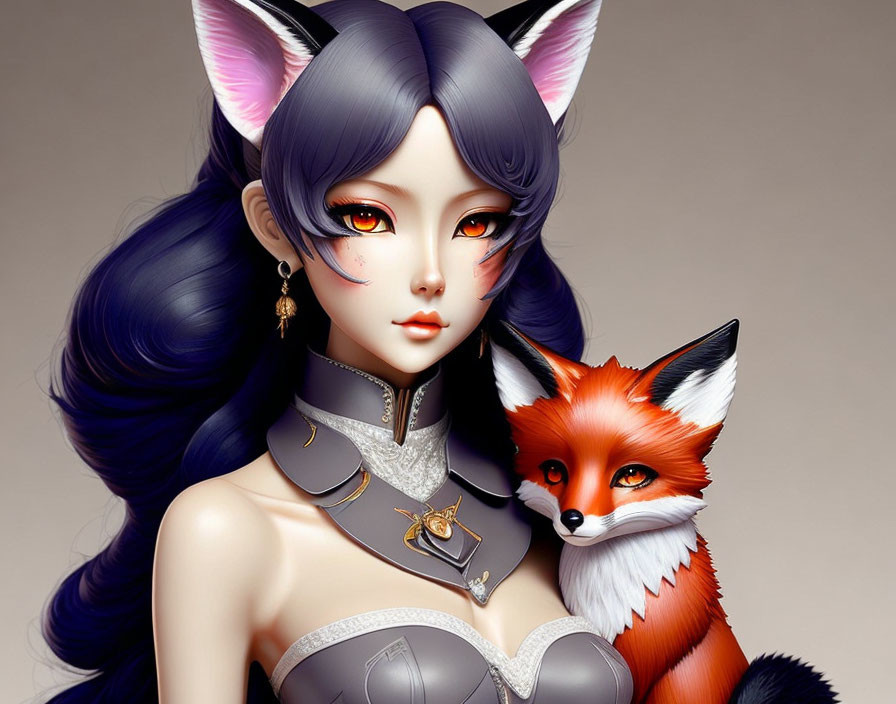 Illustrated female character with fox ears and blue hair next to a red-orange fox