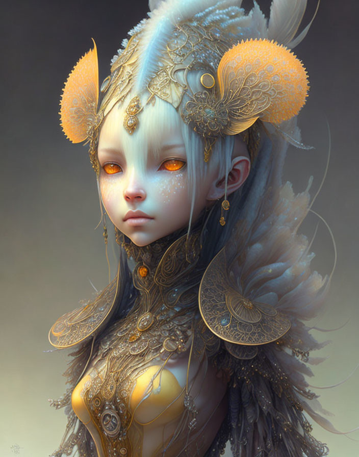 Fantasy character with pale skin and ornate gold headgear against grey background