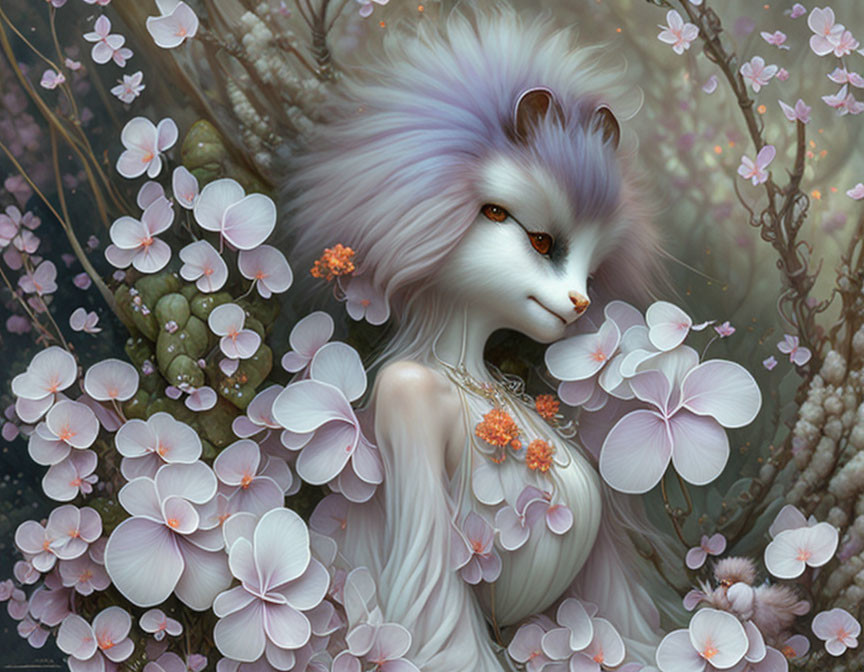 Fantastical humanoid fox creature with white and lavender mane in flower garden