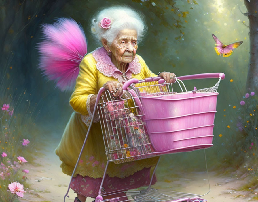 Elderly lady with white hair and pink flower pushing shopping cart outdoors, surrounded by vibrant butterflies