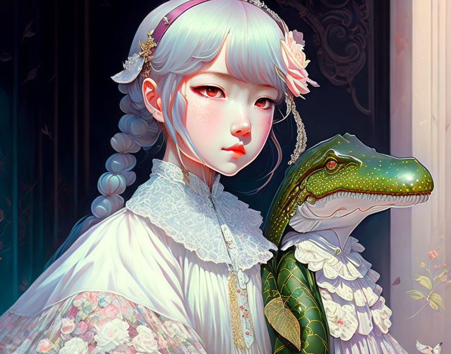 Detailed stylized illustration of girl with pale blue hair and green alligator in Victorian attire