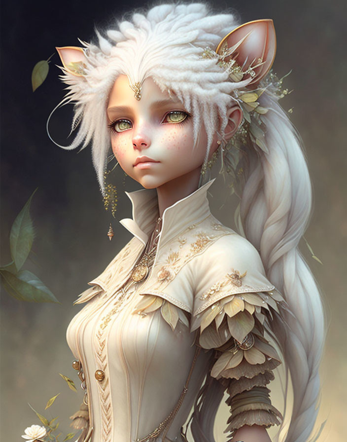 Digital illustration of humanoid figure with feline traits, white hair, pointed ears, golden eyes, wearing