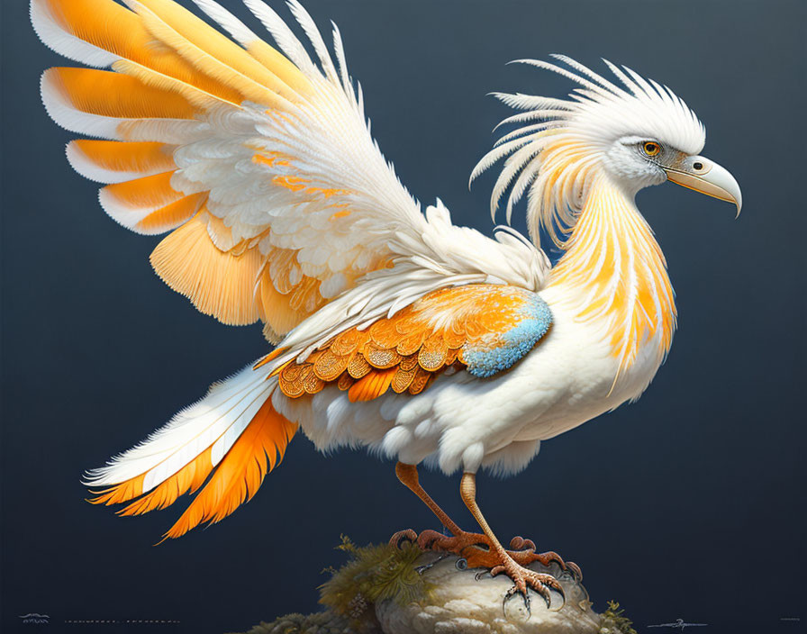 Fantastical bird with vibrant orange and white plumage perched on a rock