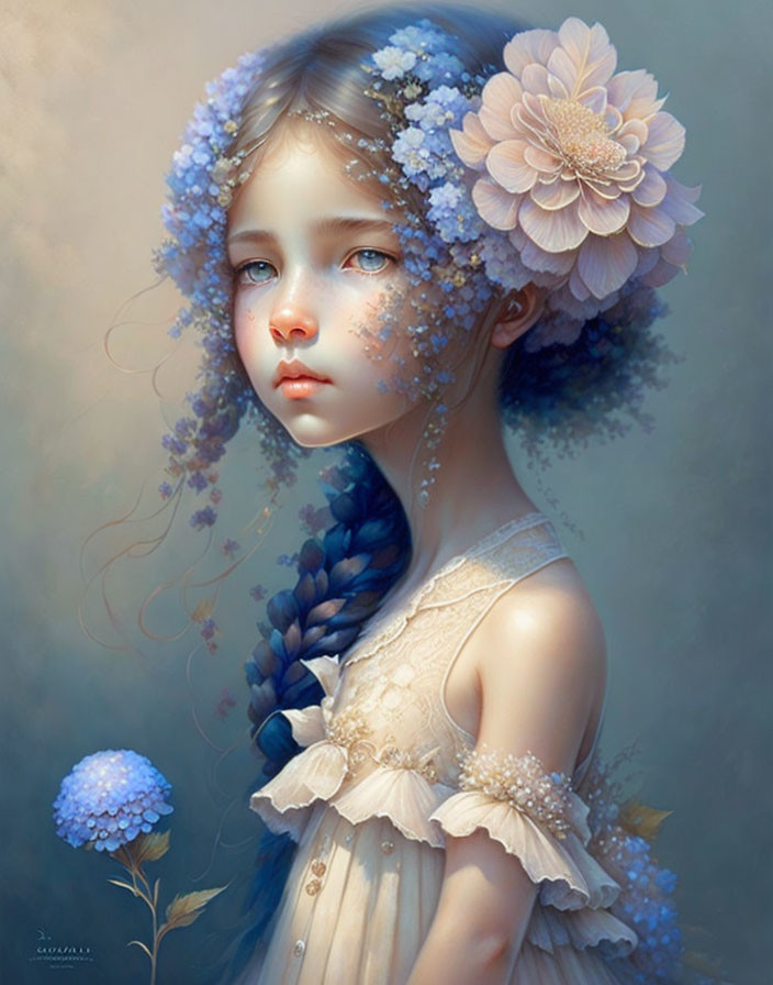 Young girl portrait with blue flowers, braid, and cream dress.