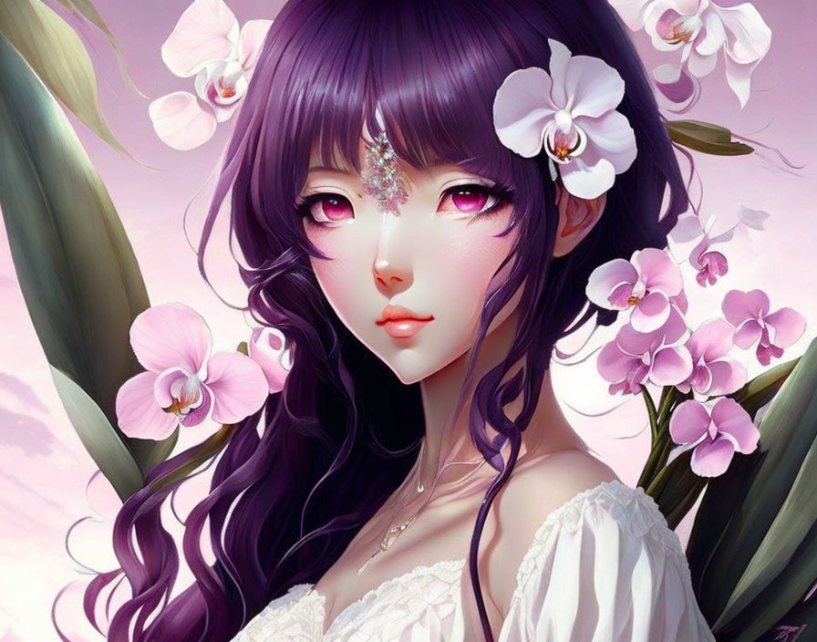 Purple-haired female character with orchid flowers and jeweled forehead piece in digital art.