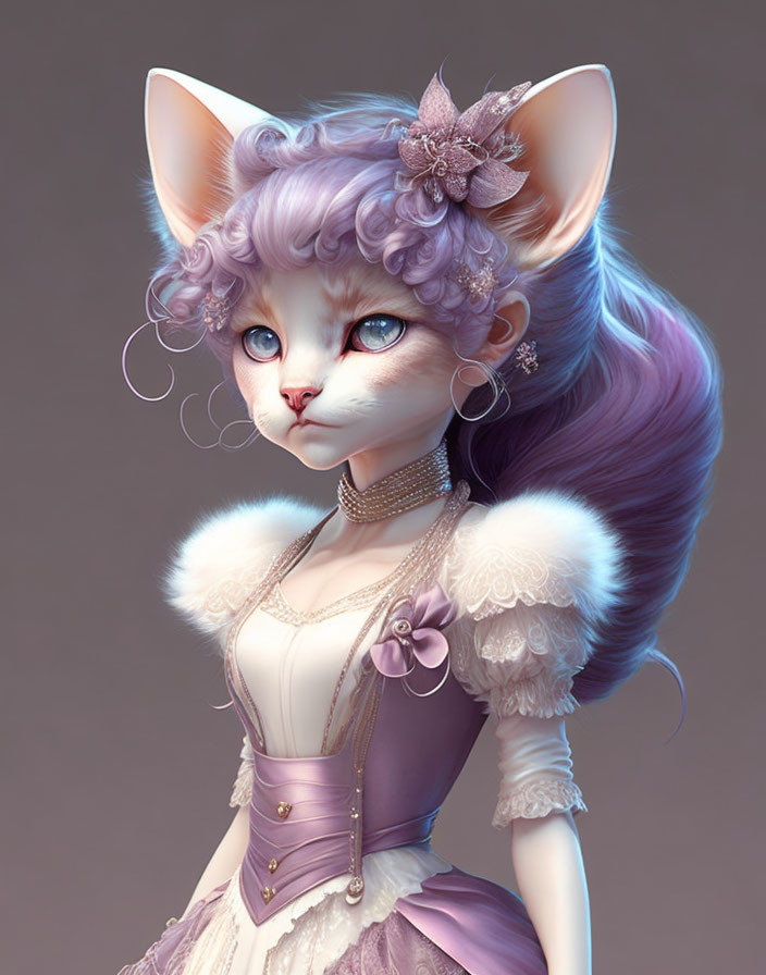 Illustrated character with feline features and blue eyes in vintage attire