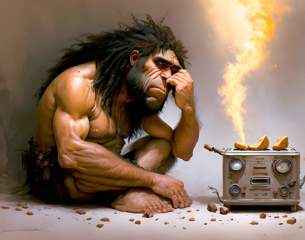 Caveman cooking toaster pastries with modern electronics in a despondent gesture