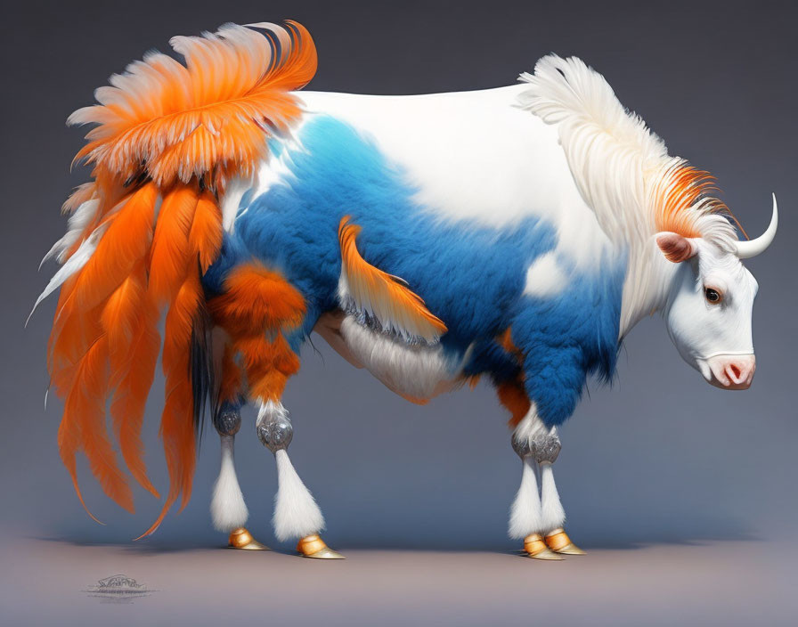 Cow-like Fantasy Creature with Feathered Wings in Orange and Blue on Gray Background