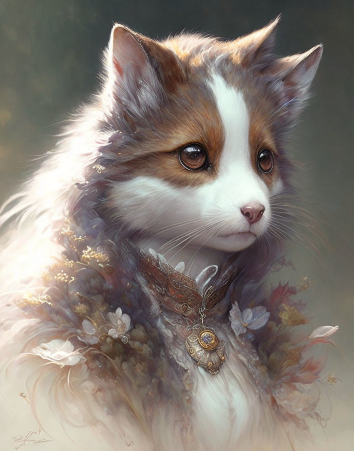 Anthropomorphic elegant cat digital painting with regal collar and floral accents