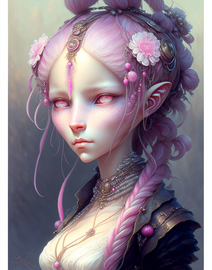 Fantasy illustration of female character with pink hair, pointed ears, jeweled headpiece, and intricate