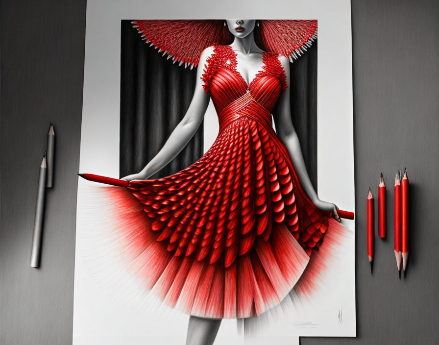 Monochrome illustration of a woman in red dress with scale-like details.